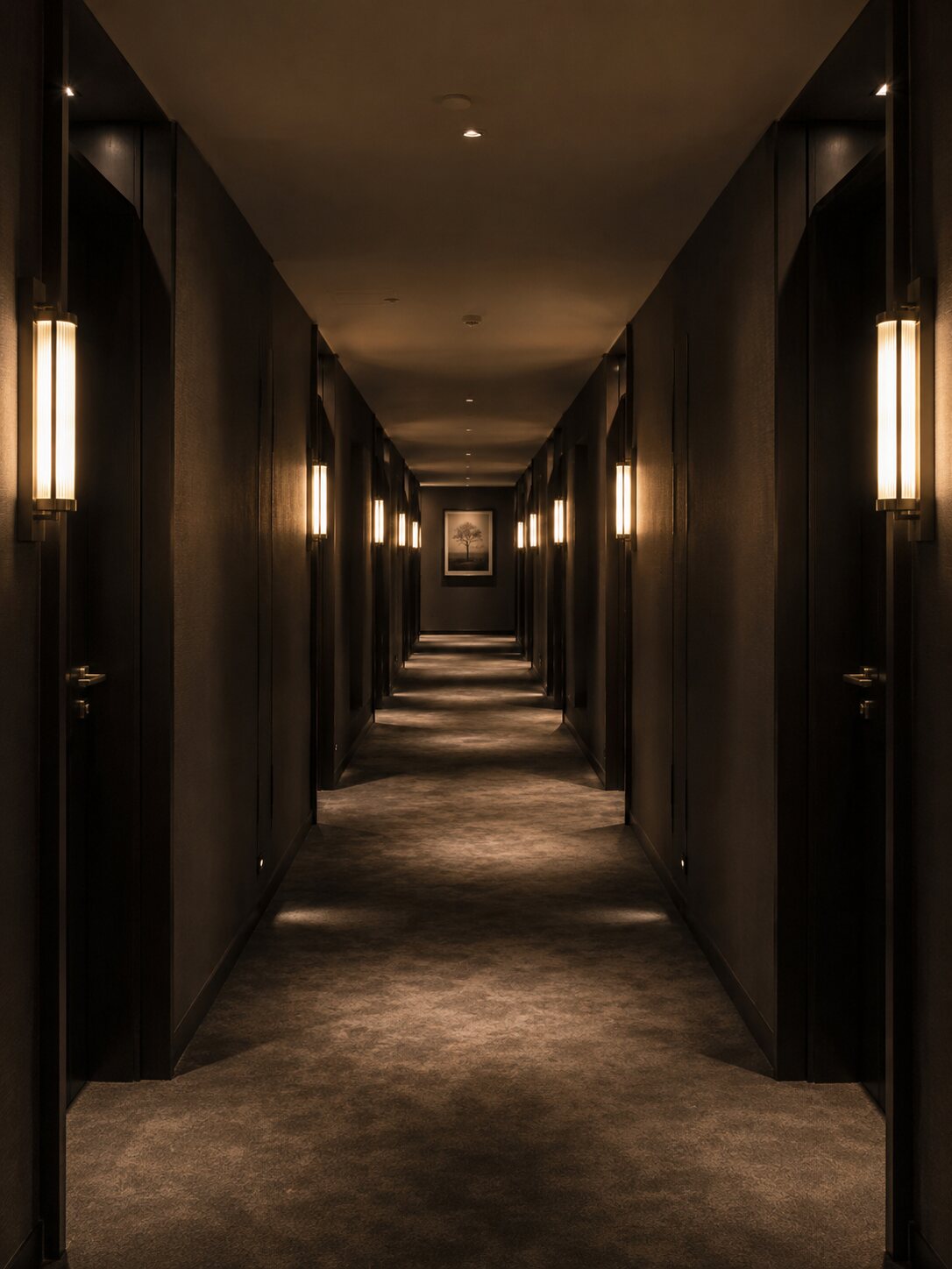 A dim, warm boutique hotel corridor