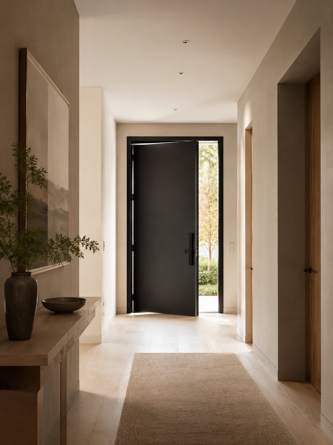 A warm minimalist home hallway leading to a black front door