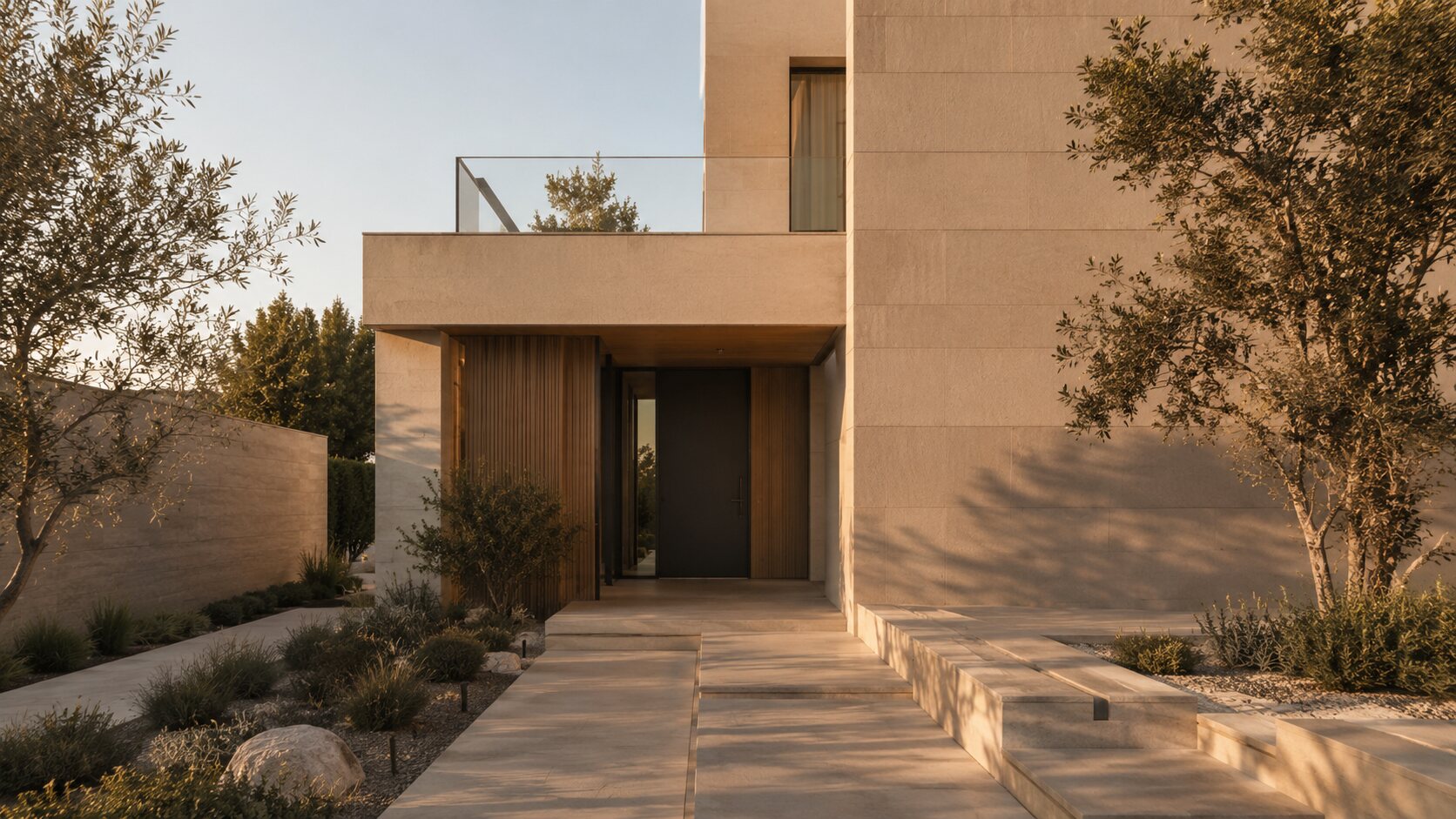 A modern minimalist home exterior in warm afternoon light