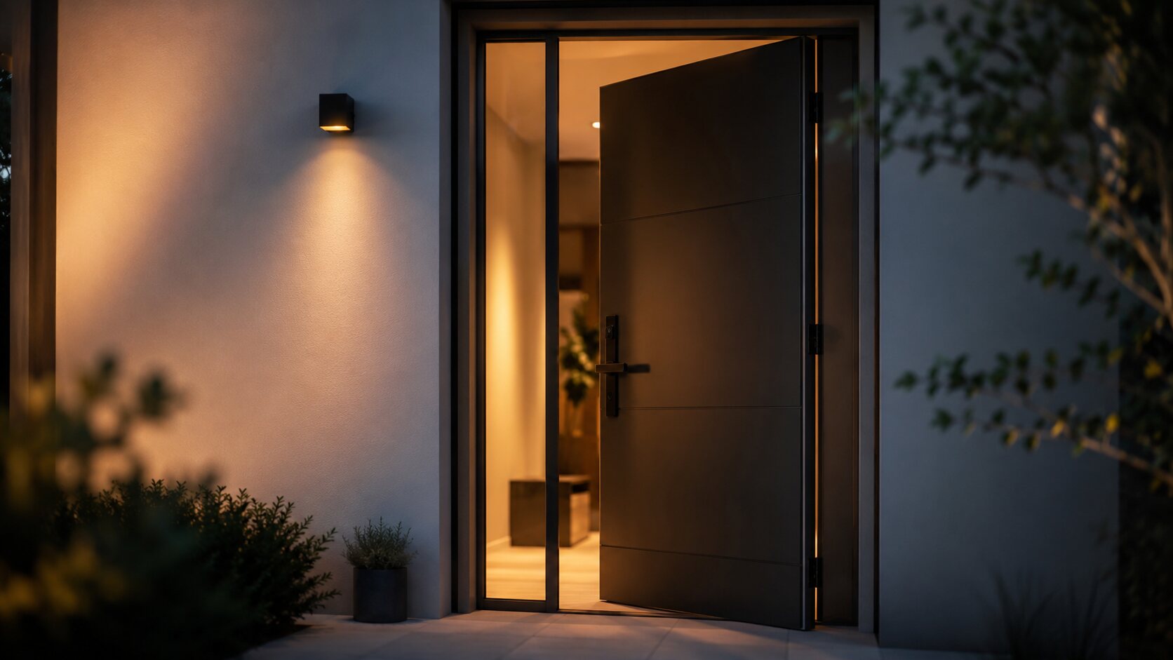 A modern home entrance at night with the door open and warm light spilling out
