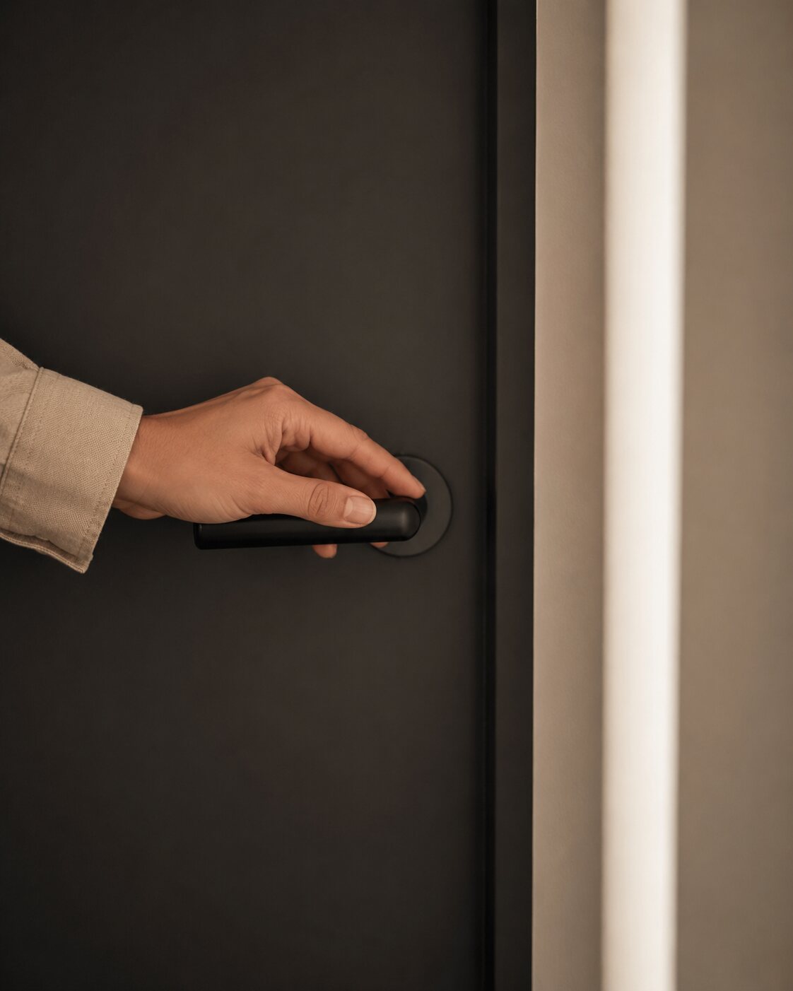 A hand resting on a minimalist matte black door handle
